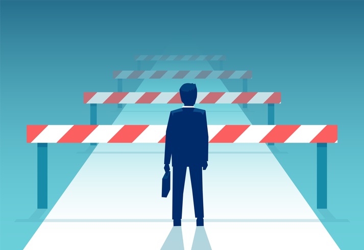 Illustration of a man facing a set of hurdles in the road that fade into the distance
