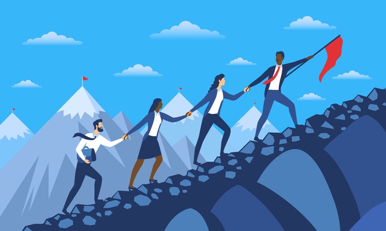 Illustration of 4 people in a line, climbing up a mountain, with the leader pointing the way with a red flag