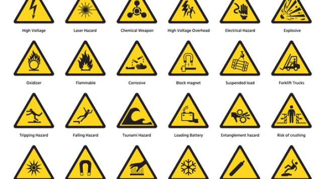Set of triangle yellow warning sign hazard dander attention symbols chemical flammable security radiation caution icon vector illustration