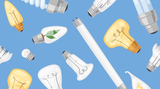 Light bulb vector lightbulb idea solution icon and electric lighting lamp cfl or led electricity and fluorescent light illustration set seamless pattern background