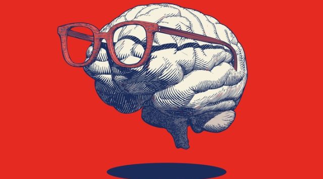 Retro drawing of brain with eyeglasses illustration on red BG