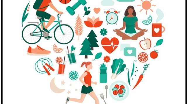 ChatGPT said: This image is a stylized illustration arranged in the shape of a heart, symbolizing a healthy lifestyle and well-being. It includes various elements that represent fitness, nutrition, mindfulness, and nature.