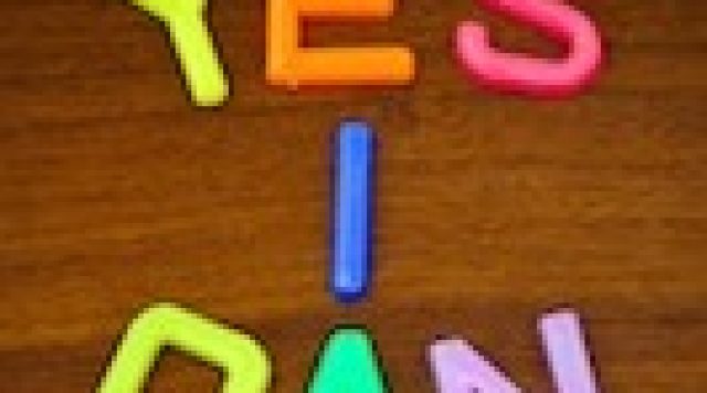Yes I can in colorful toy letters on wood background
